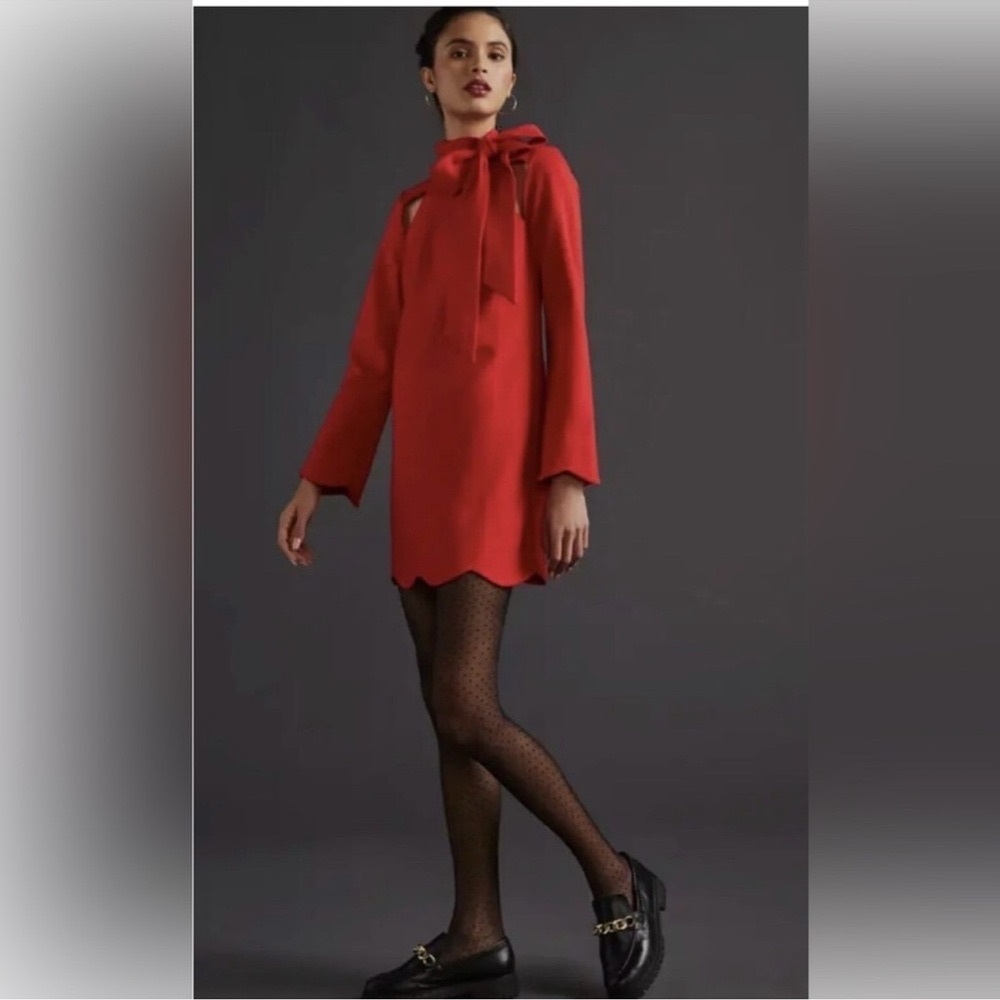 Anthropologie Maeve M Red Bow Dress Scuba Material Scalloped Hems Holiday